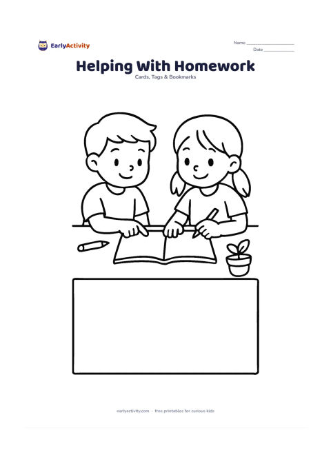 Worksheet: Two children sit at a table, one pointing kindly at an open workbook while the other smiles, with pencils and a small plant nearby. Leave a large blank card panel beside or below the…