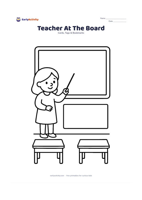 Worksheet: A teacher points toward a completely blank classroom board while holding a pointer, with a large empty card panel beneath and two simple desks at the sides. Do not put marks, symbols or…