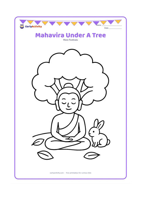 Colouring page: Draw Lord Mahavira seated quietly beneath a wide shade tree, with a few large fallen leaves and a small rabbit sitting at a respectful distance.