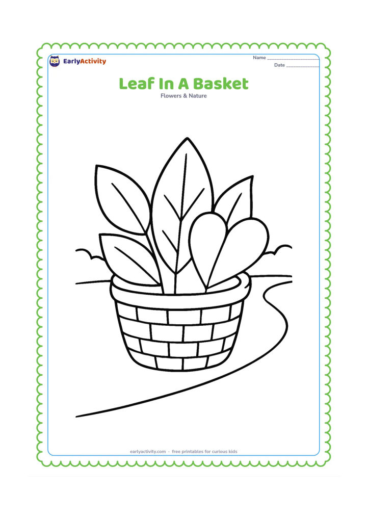 Colouring page: A small woven basket holds several large leaves of different simple shapes, including an oval, a pointed leaf and a heart-shaped leaf, beside a garden path.