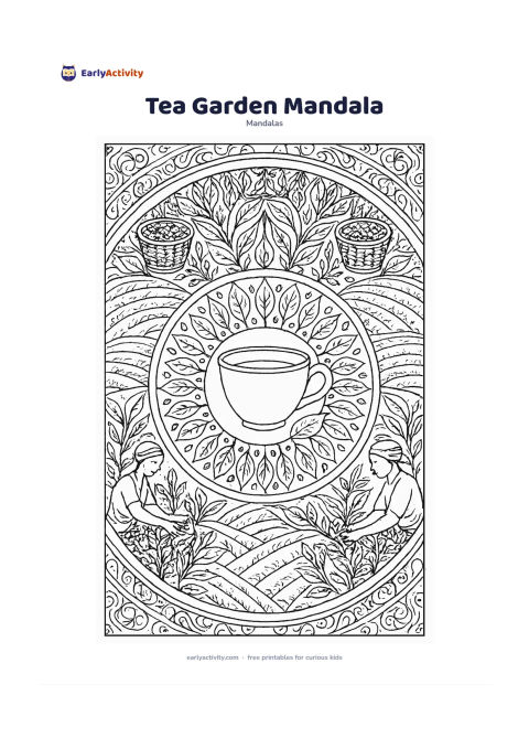 Colouring page: Show a circular mandala with a small Indian tea cup at the centre, surrounded by tea leaves, sprigs, baskets and rolling garden rows. Include two tiny workers collecting leaves in…