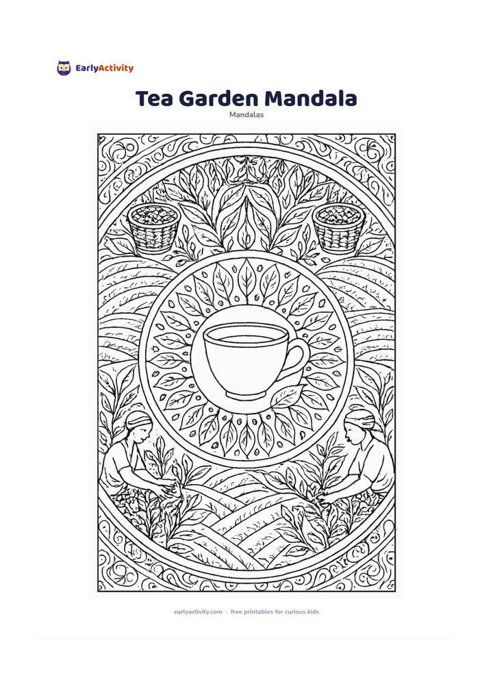 Colouring page: Show a circular mandala with a small Indian tea cup at the centre, surrounded by tea leaves, sprigs, baskets and rolling garden rows. Include two tiny workers collecting leaves in…
