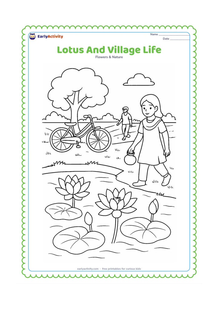 Colouring page: Draw a broad village pond with lotus flowers in the foreground, a child carrying a small water pot along the bank, a bicycle leaning near a tree and a distant farmer walking beside…