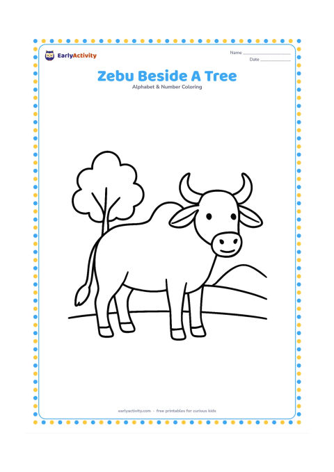Colouring page: Draw a gentle zebu standing beside a small leafy tree, clearly showing its rounded hump over the shoulders and long ears. Add a simple ground line and two distant hills.