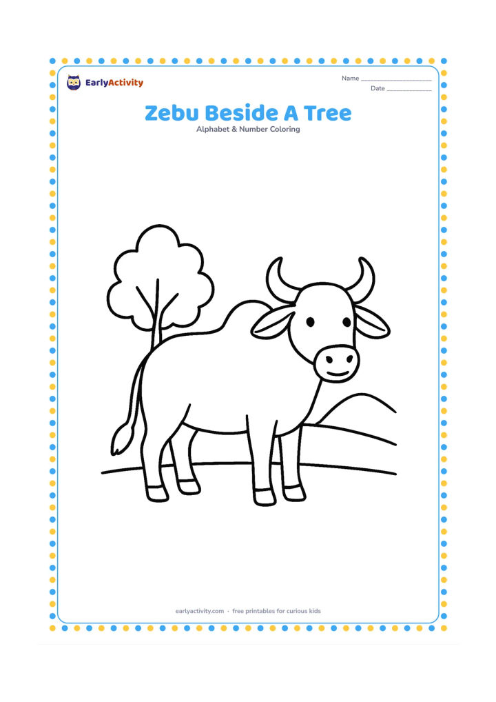 Colouring page: Draw a gentle zebu standing beside a small leafy tree, clearly showing its rounded hump over the shoulders and long ears. Add a simple ground line and two distant hills.