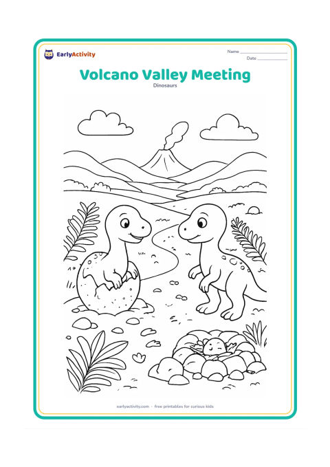 Colouring page: Draw two friendly hatchlings meeting beside a winding trail in a valley, with a small volcano far in the background. Include layered lava-free hills, ferns, eggshells, footprints and a…