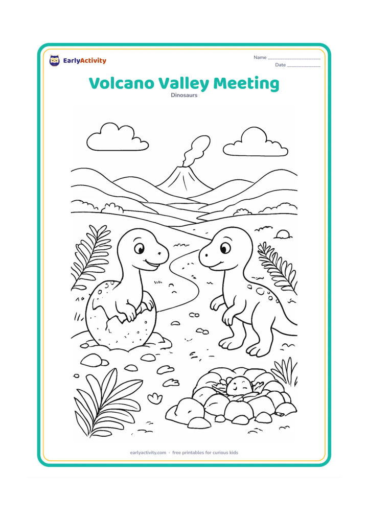 Colouring page: Draw two friendly hatchlings meeting beside a winding trail in a valley, with a small volcano far in the background. Include layered lava-free hills, ferns, eggshells, footprints and a…