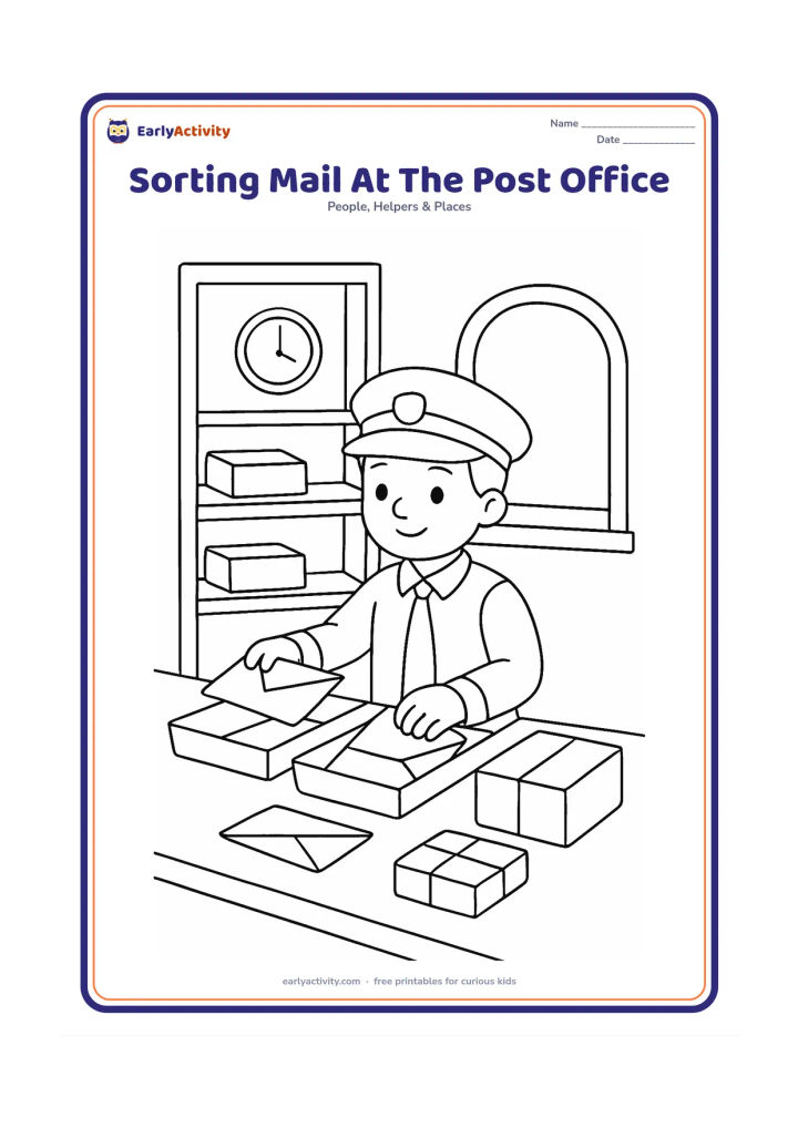 Colouring page: A postman sorts envelopes and parcels into open trays on a counter inside a small post office. Include shelves, a wall clock without markings and a service window.