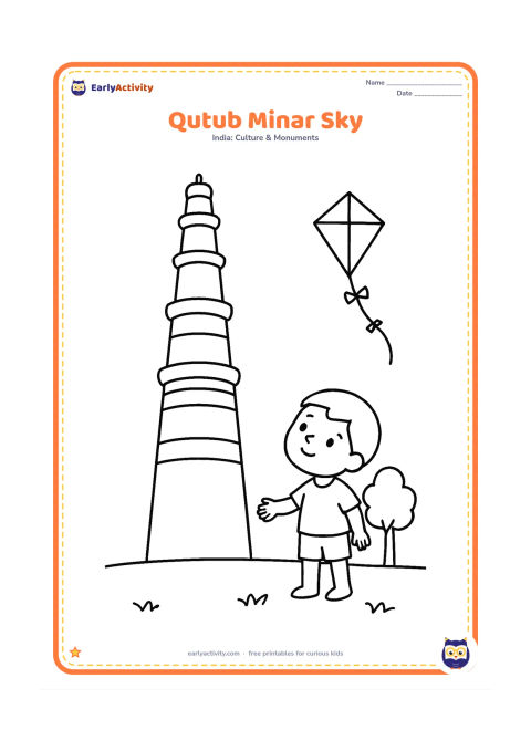 Colouring page: Show the Qutub Minar rising from a clear lawn, with a few wide carved bands and its balconies. Add one child looking upward beside a small tree and a kite without any markings.