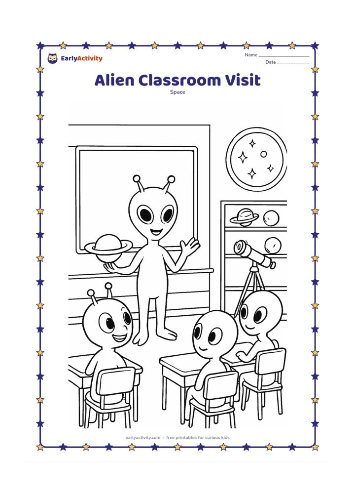Colouring page: Draw a friendly alien visiting a bright classroom on a space station, showing children a model planet while other aliens sit at desks. Include a blank board, shelves of planet models, a…