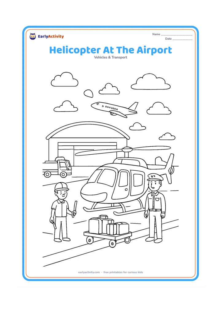 Colouring page: Draw a helicopter parked beside a small airport hangar with a pilot, ground worker, luggage cart and a distant passenger airplane. Include runway edges, clouds and service equipment, but…