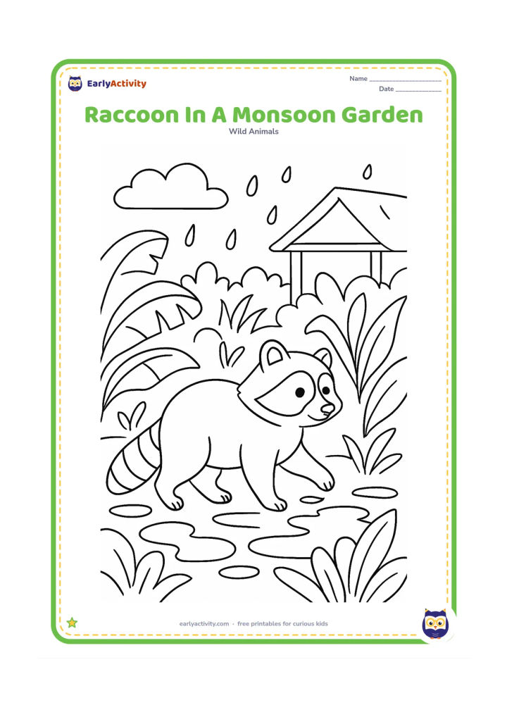 Colouring page: Draw a raccoon walking through a leafy garden after rain, stepping between broad banana leaves and puddles. Include a simple Indian-style veranda with a sloping roof in the distant…