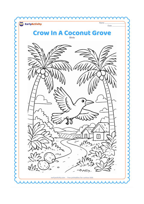 Colouring page: A crow flies between coconut palms above a village path, with curved fronds, fallen coconuts, shrubs, and distant fields.