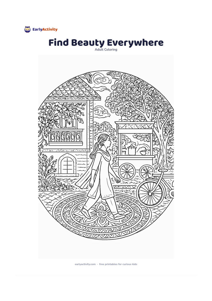 Colouring page: A person walks through an ordinary Indian neighbourhood noticing details around them: a rangoli-inspired floor pattern without symbols, a flowering balcony, a tea stall with blank…
