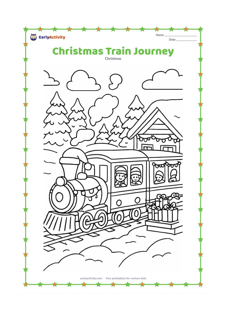 Colouring page: Draw a decorated train travelling through a winter landscape, with passengers visible through windows, gifts on a platform, snowy trees and festive lights along the station roof.