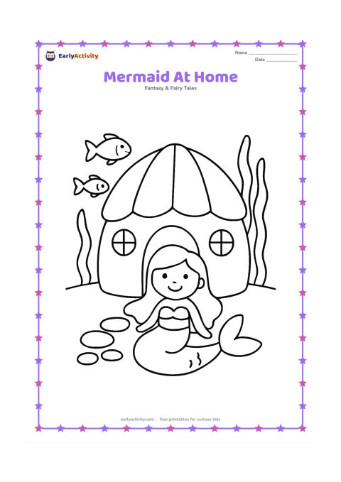 Colouring page: A happy mermaid sits outside a simple underwater shell home with a round doorway and two windows. Add a large pebble path, two fish and a few tall sea plants.