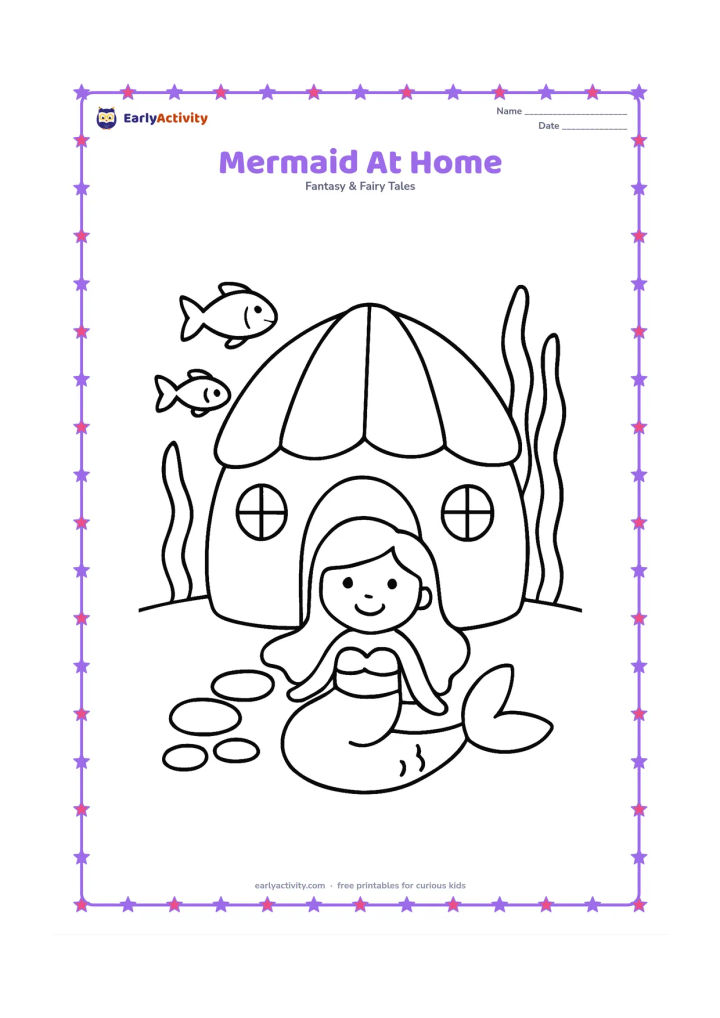 Colouring page: A happy mermaid sits outside a simple underwater shell home with a round doorway and two windows. Add a large pebble path, two fish and a few tall sea plants.