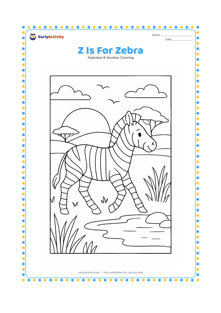 Colouring page: Draw a friendly zebra walking beside a watering hole at sunset, with tall grasses, rounded rocks, distant trees and a few birds in the sky. Use a calm side view.