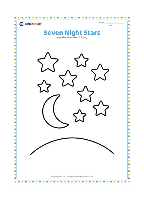 Colouring page: Draw exactly seven large stars in a clear evening sky above a rounded hill and a small crescent moon. Leave the sky mostly open so the stars are easy to count.