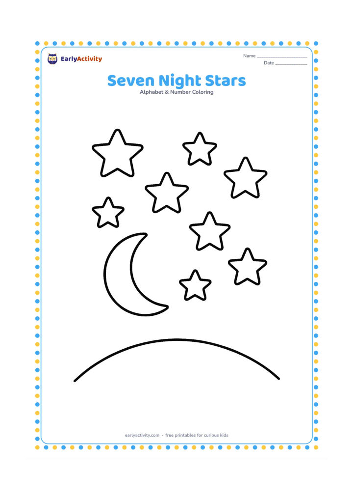 Colouring page: Draw exactly seven large stars in a clear evening sky above a rounded hill and a small crescent moon. Leave the sky mostly open so the stars are easy to count.