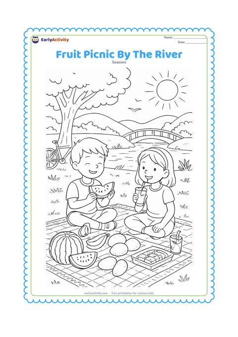 Colouring page: Friends share a summer picnic beside a river, with mangoes, bananas, watermelon and drinks spread across a patterned mat. Add a small bridge, a bicycle, a shade tree, riverside grasses,…