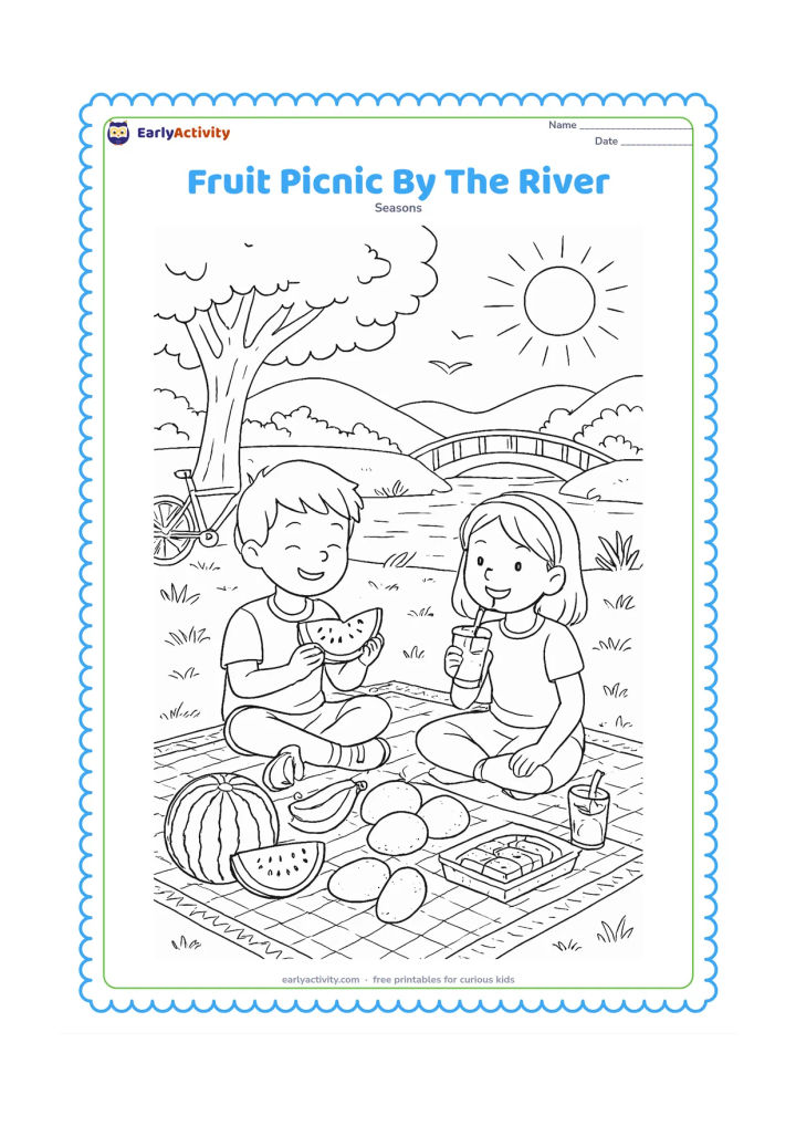 Colouring page: Friends share a summer picnic beside a river, with mangoes, bananas, watermelon and drinks spread across a patterned mat. Add a small bridge, a bicycle, a shade tree, riverside grasses,…