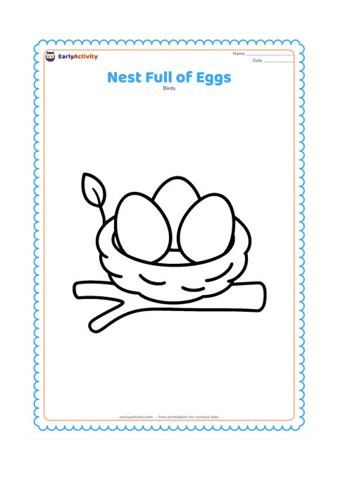Colouring page: A large round nest rests on a sturdy branch with three oversized eggs inside. Include one leafy twig and a clear open sky around the nest.