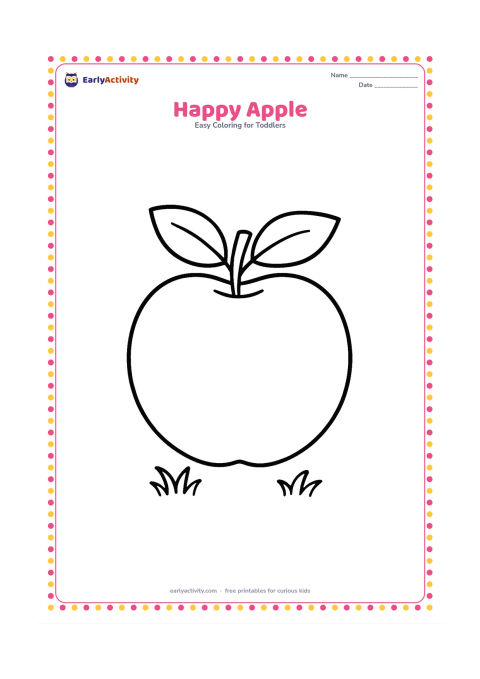 Colouring page: Draw one large round apple with a short stem and two leaves, centered on the page. Add a small patch of grass beneath it and plenty of open space around the fruit.