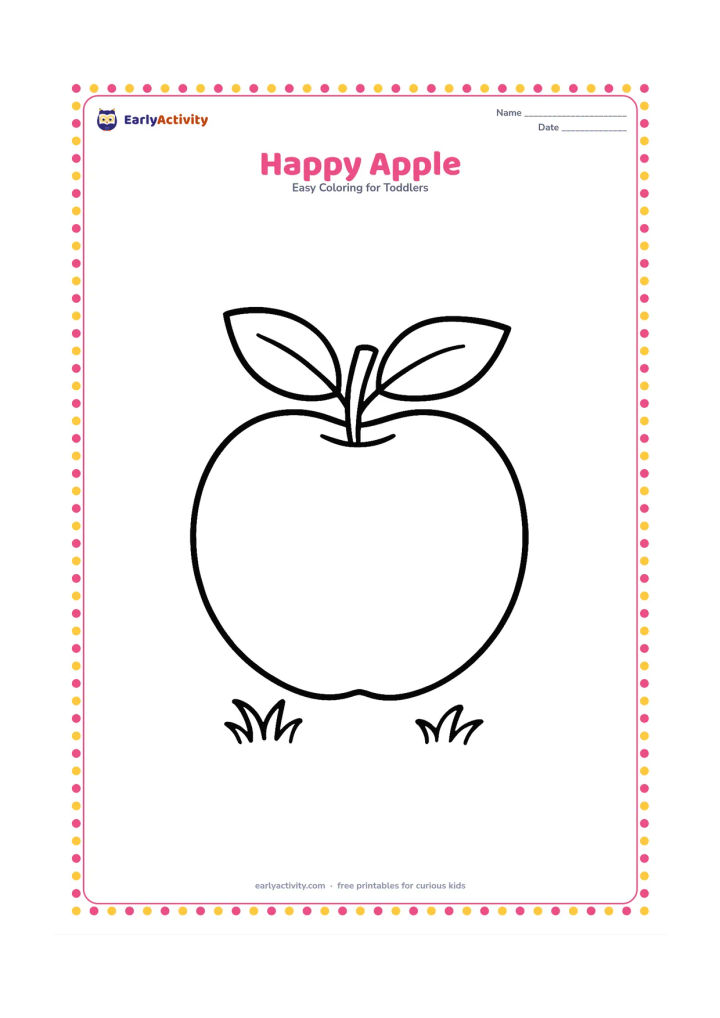 Colouring page: Draw one large round apple with a short stem and two leaves, centered on the page. Add a small patch of grass beneath it and plenty of open space around the fruit.