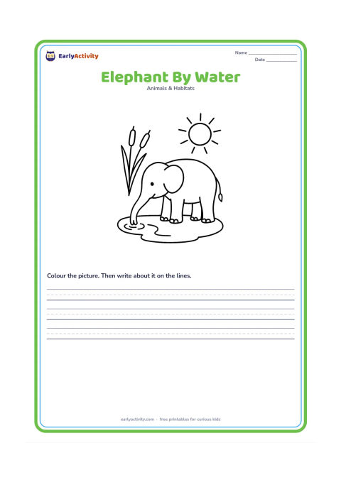 Worksheet: Draw one elephant using its trunk to drink from a shallow pond, with two large reeds and a sun in the background. Show the full elephant in a clear side view.