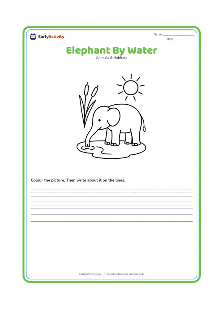 Worksheet: Draw one elephant using its trunk to drink from a shallow pond, with two large reeds and a sun in the background. Show the full elephant in a clear side view.