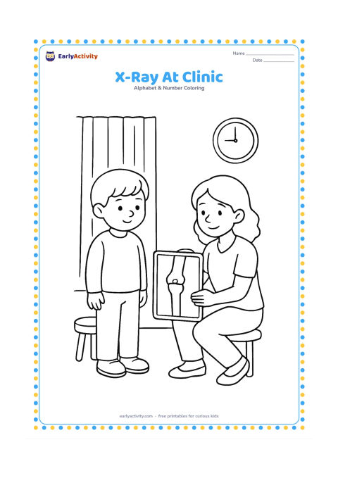Colouring page: Draw a child standing calmly in a clinic while a technician positions a simple X-ray panel near the child's lower leg. Include a stool, curtain and wall clock with no numbers.