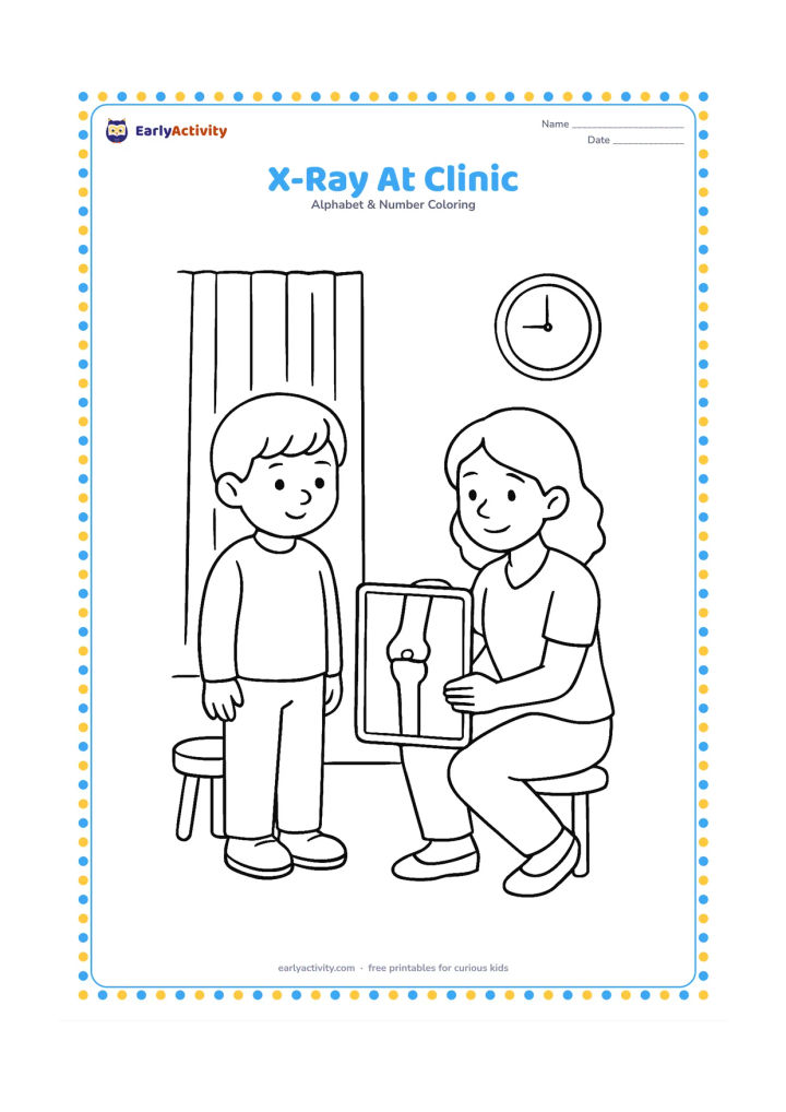 Colouring page: Draw a child standing calmly in a clinic while a technician positions a simple X-ray panel near the child's lower leg. Include a stool, curtain and wall clock with no numbers.