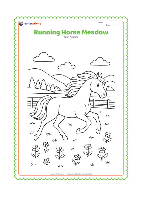 Colouring page: A horse runs freely across a wide meadow, with its mane and tail streaming behind it. Add layered hills, a line of trees, a fence and scattered wildflowers.