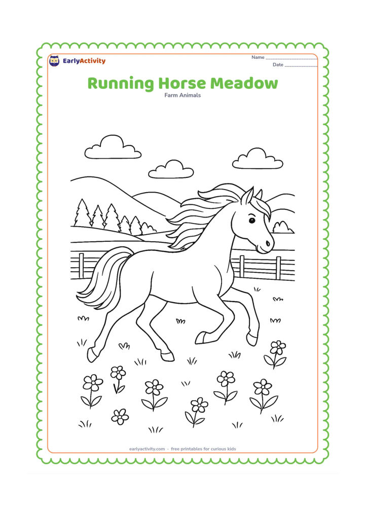Colouring page: A horse runs freely across a wide meadow, with its mane and tail streaming behind it. Add layered hills, a line of trees, a fence and scattered wildflowers.