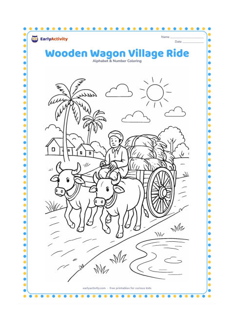 Colouring page: Draw a wooden bullock wagon travelling along a village road, with a driver, two friendly bullocks, hay bundles, palm trees, a pond, and distant Indian homes. Show the wagon moving…