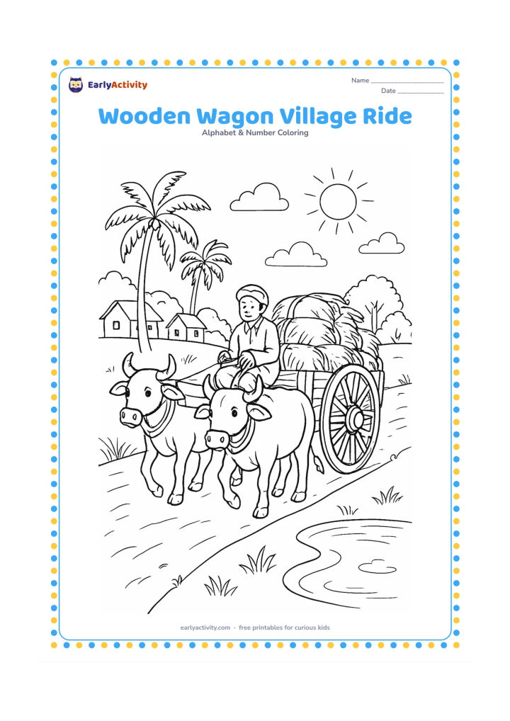 Colouring page: Draw a wooden bullock wagon travelling along a village road, with a driver, two friendly bullocks, hay bundles, palm trees, a pond, and distant Indian homes. Show the wagon moving…