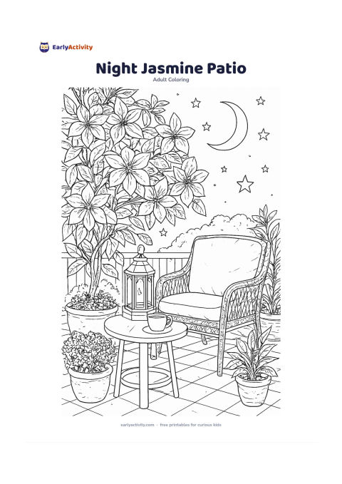 Colouring page: Draw a peaceful patio at dusk with a large jasmine plant, a comfortable chair, a lantern, and a cup on a small table. Include a crescent moon, a few large stars, and potted plants, with…