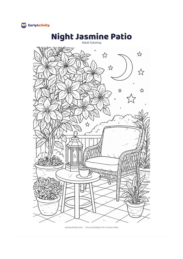 Colouring page: Draw a peaceful patio at dusk with a large jasmine plant, a comfortable chair, a lantern, and a cup on a small table. Include a crescent moon, a few large stars, and potted plants, with…
