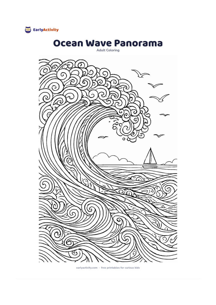 Colouring page: A broad curling ocean wave fills the page, with foam patterns, a small sailboat far in the distance, seabirds and a low horizon. Show the wave in a graceful side view with large interior…