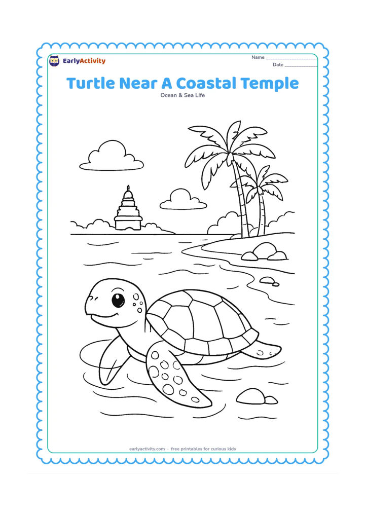 Colouring page: Draw a sea turtle in the foreground of clear coastal water, with a small distant Indian seaside temple silhouette, palm trees, rocks, and a clean beach.