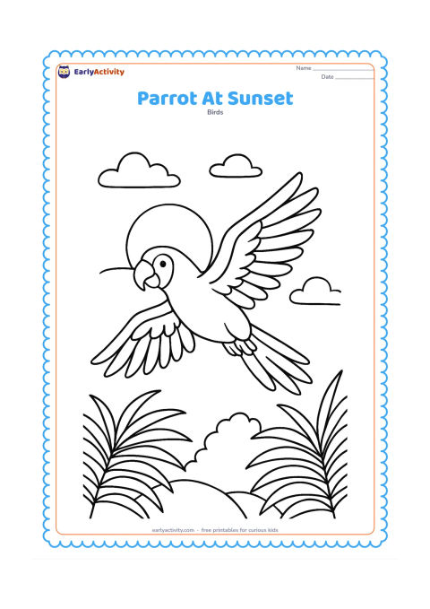 Colouring page: Draw a parrot flying across a sunset sky above the silhouettes of palm leaves and a distant treetop. Show both wings spread and the curved beak in profile.