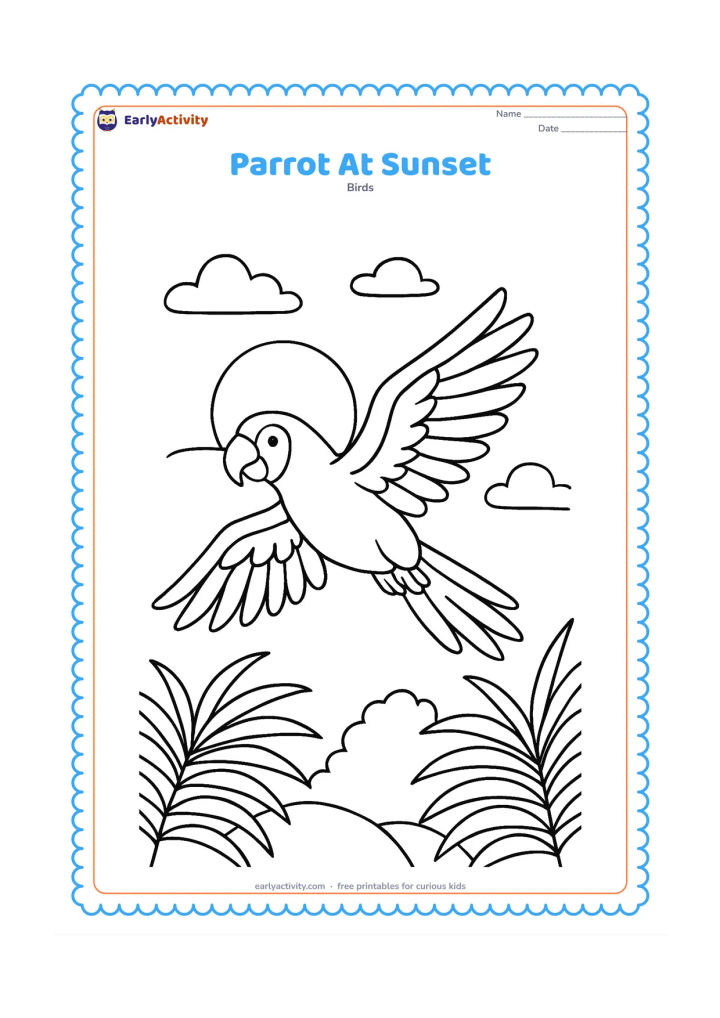 Colouring page: Draw a parrot flying across a sunset sky above the silhouettes of palm leaves and a distant treetop. Show both wings spread and the curved beak in profile.