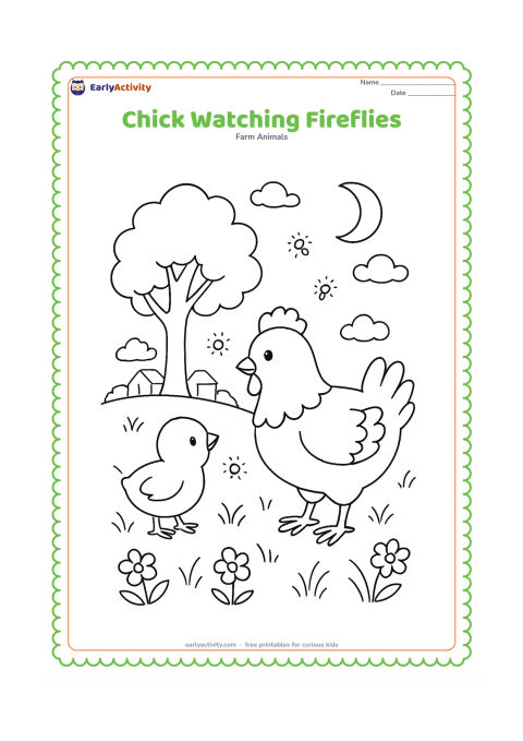 Colouring page: Draw a chick and its hen in a grassy field at dusk, looking at several glowing fireflies. Add a large tree, distant farmhouse shapes, flowers, and a crescent moon with scattered clouds.