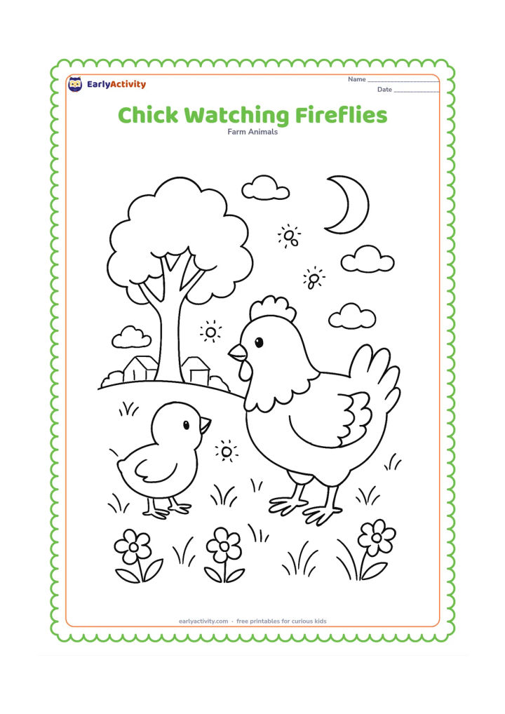 Colouring page: Draw a chick and its hen in a grassy field at dusk, looking at several glowing fireflies. Add a large tree, distant farmhouse shapes, flowers, and a crescent moon with scattered clouds.
