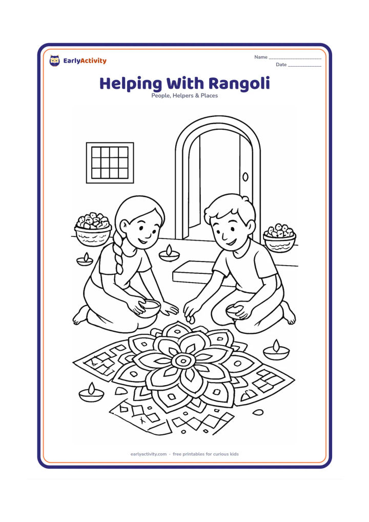 Colouring page: Two friends kneel outside an Indian home and help one another make a large flower-shaped rangoli using bowls of coloured powder. Include a doorway, diyas, flower baskets, and a patterned…