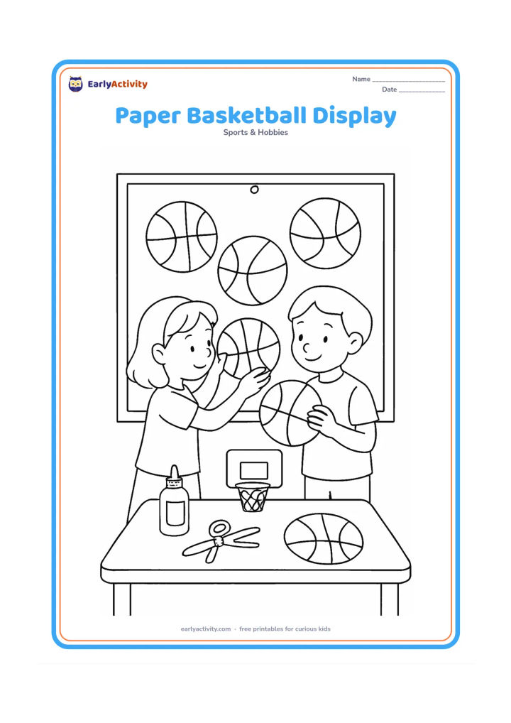 Colouring page: Two children attach several paper basketball cutouts to a classroom display board, with a small hoop craft, scissors, glue, and a table below. All paper shapes must be blank with no writing.