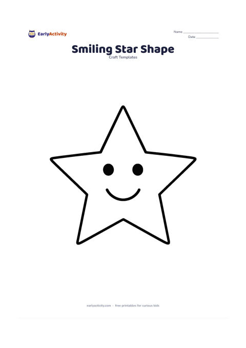 Worksheet: A large five-point star outline sits in the centre with two simple circular eyes and a curved smile inside it. Keep the facial features separate from the outer cutting line and leave the…