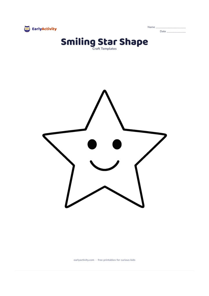 Worksheet: A large five-point star outline sits in the centre with two simple circular eyes and a curved smile inside it. Keep the facial features separate from the outer cutting line and leave the…