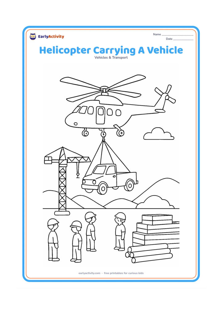 Colouring page: Draw a heavy transport helicopter lifting a small plain utility vehicle in a secure sling above a construction site. Add a crane, stacked materials, workers wearing helmets and low hills…